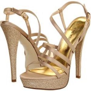 Open toed, glitter champagne heels